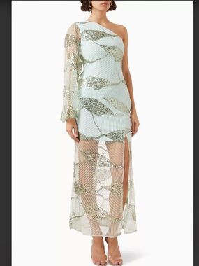 elliatt shea mint green one shoulder sequin embroidered tulle maxi dress small